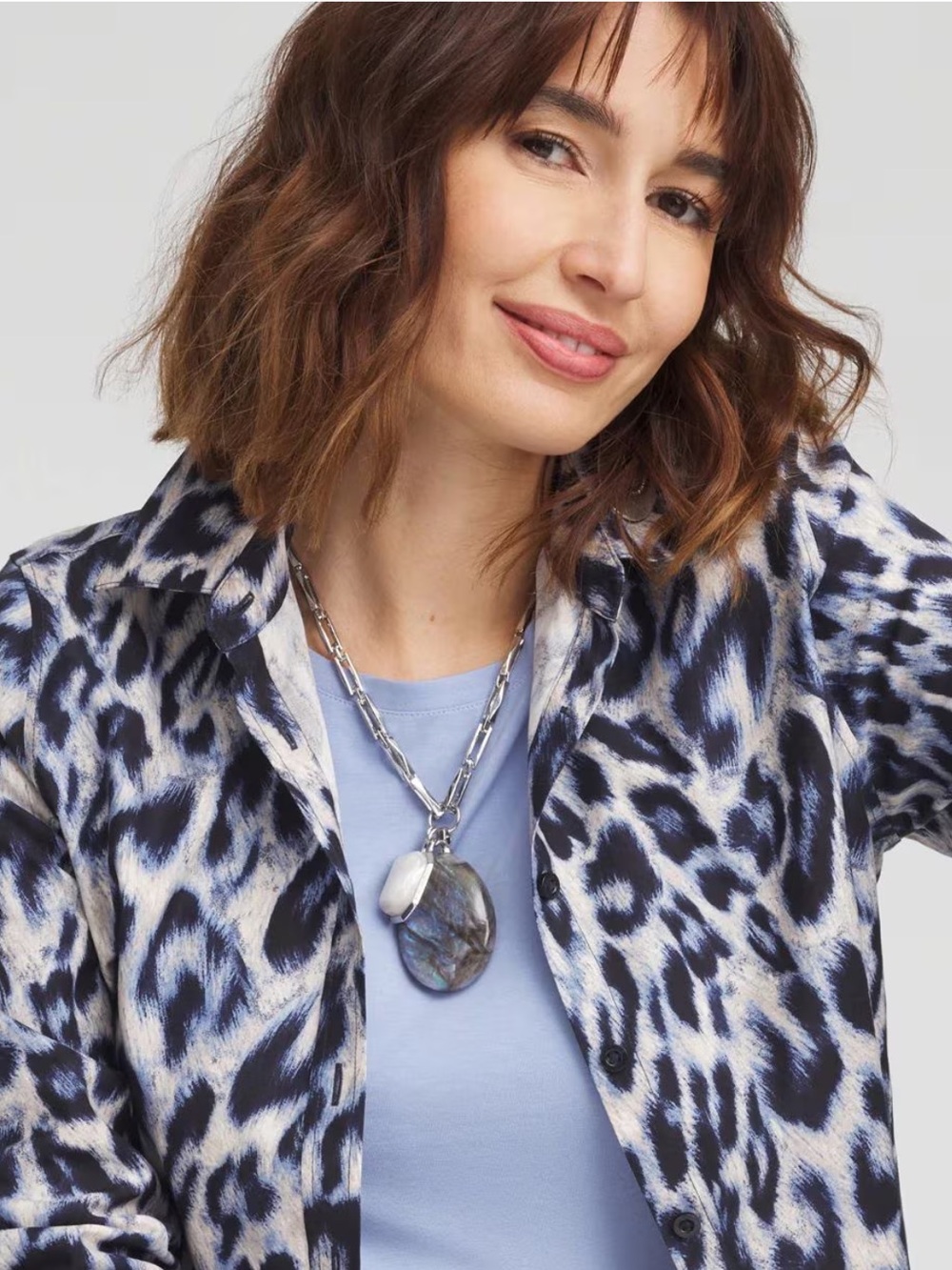 Chico's Faux Opal Silver-Tone Chain Necklace with Blue Pendant New